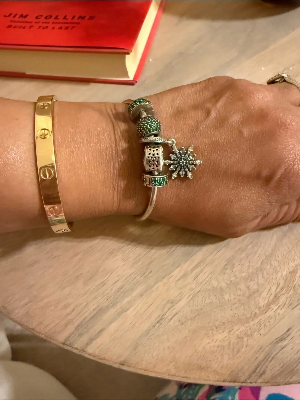 Pandora Silver Bangle with Green Crystal clips and winter theme charms